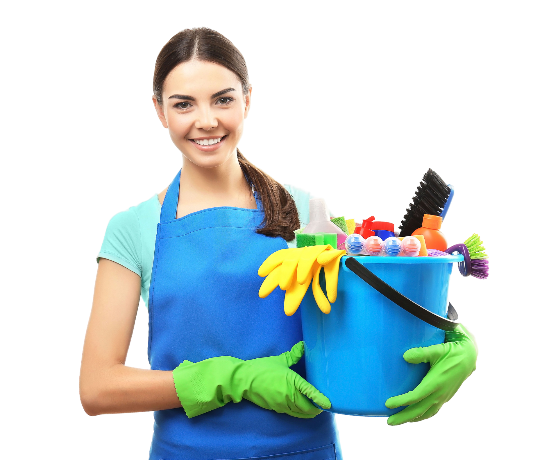 A woman in a blue apron and green gloves is holding a blue bucket filled with cleaning supplies.