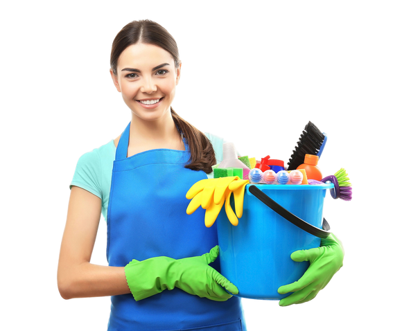 A woman in a blue apron and green gloves is holding a blue bucket filled with cleaning supplies.