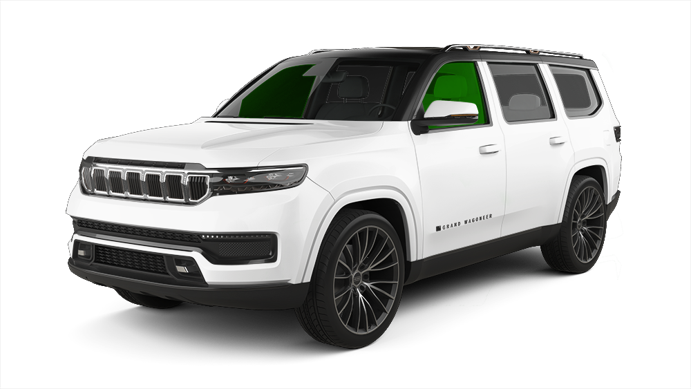 A white Jeep Wagoneer SUV with a black roof and dark wheels, viewed from the front three-quarter angle.