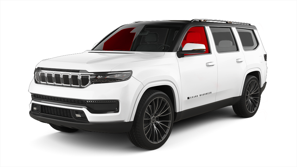 A white Jeep Grand Wagoneer SUV with a black roof and black wheels, angled to show its front and side.