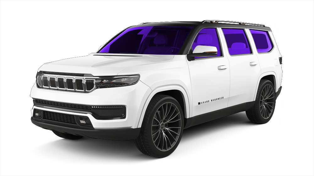 A white Jeep Wagoneer L SUV with a black roof and black wheels shown from a front three-quarter angle.