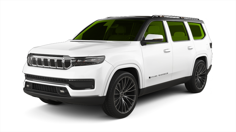A white Jeep Grand Wagoneer SUV with a black roof and black wheels on a white background.