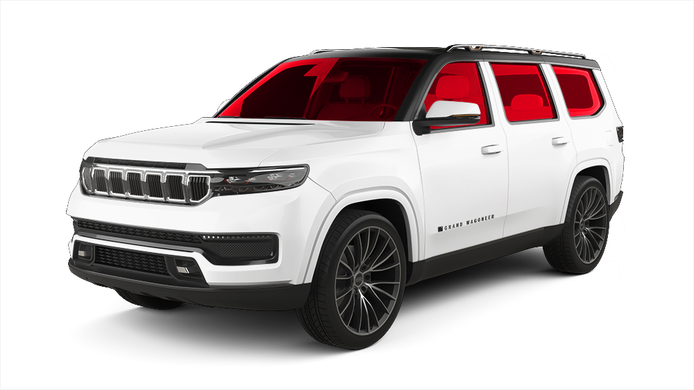 A white Jeep Wagoneer L SUV with a black roof and black wheels shown against a plain white background.