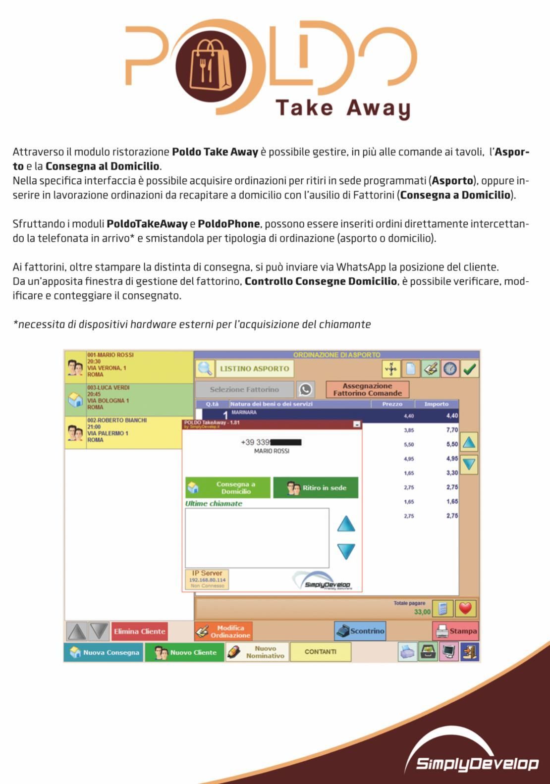 Un volantino per il cibo da asporto Poldo con la foto di uno schermo di computer.