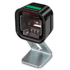 Uno scanner per codici a barre è posizionato sopra un supporto metallico.
