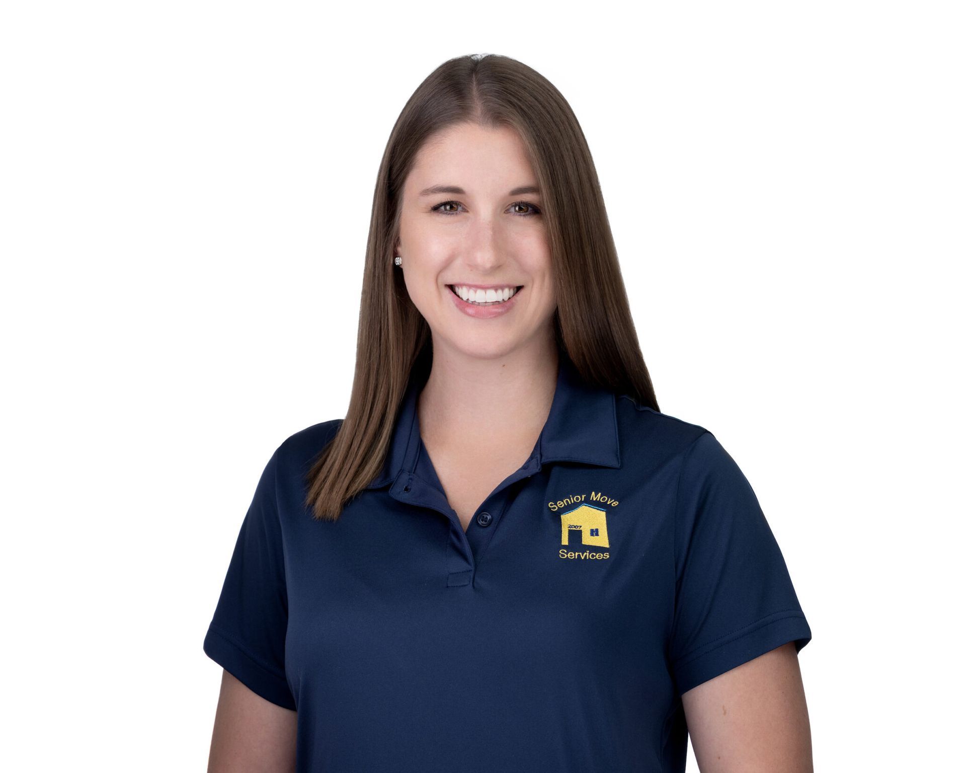 Woman senior move manager in navy blue polo shirt, smiling, with logo.