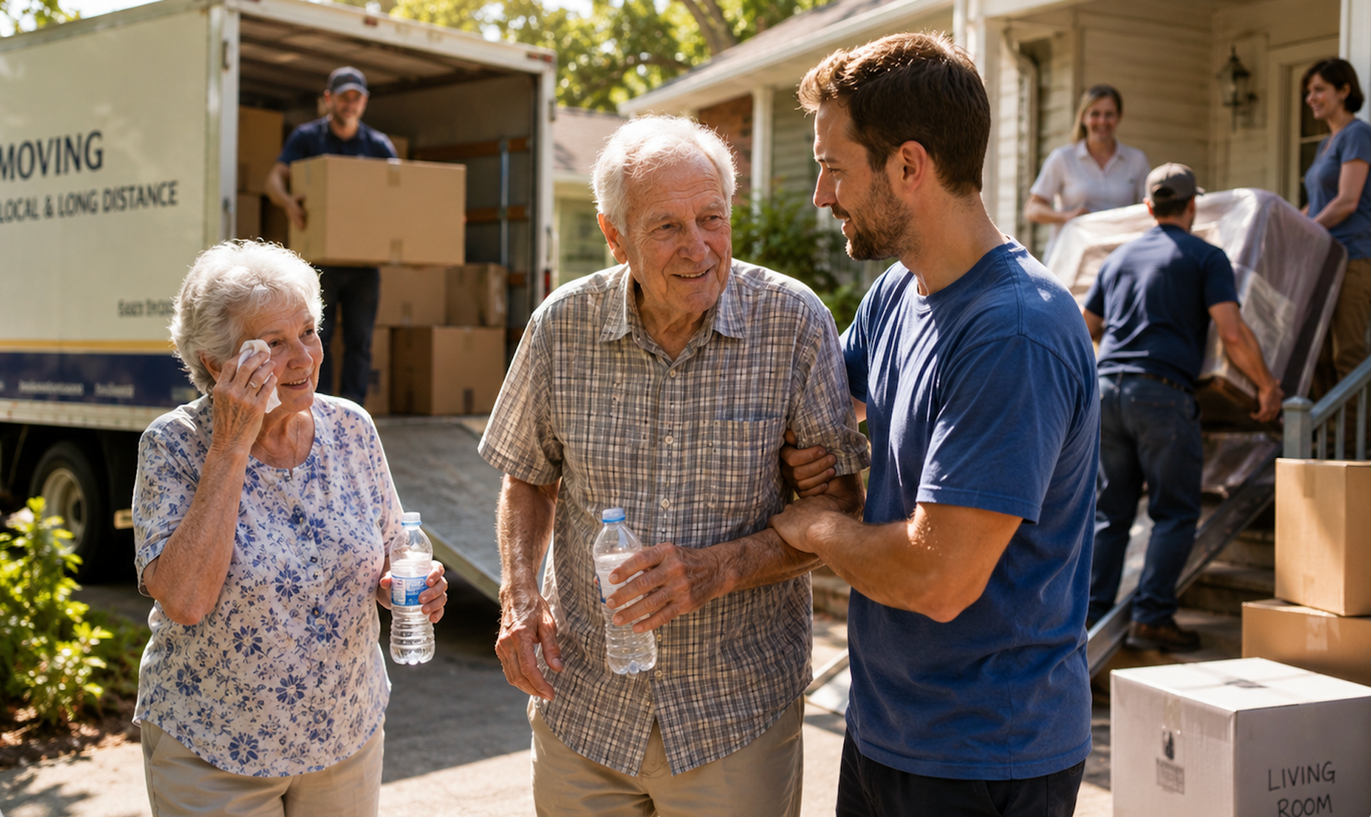 Senior couple gets help from caregiver during a summer move while movers load boxes and furnititure