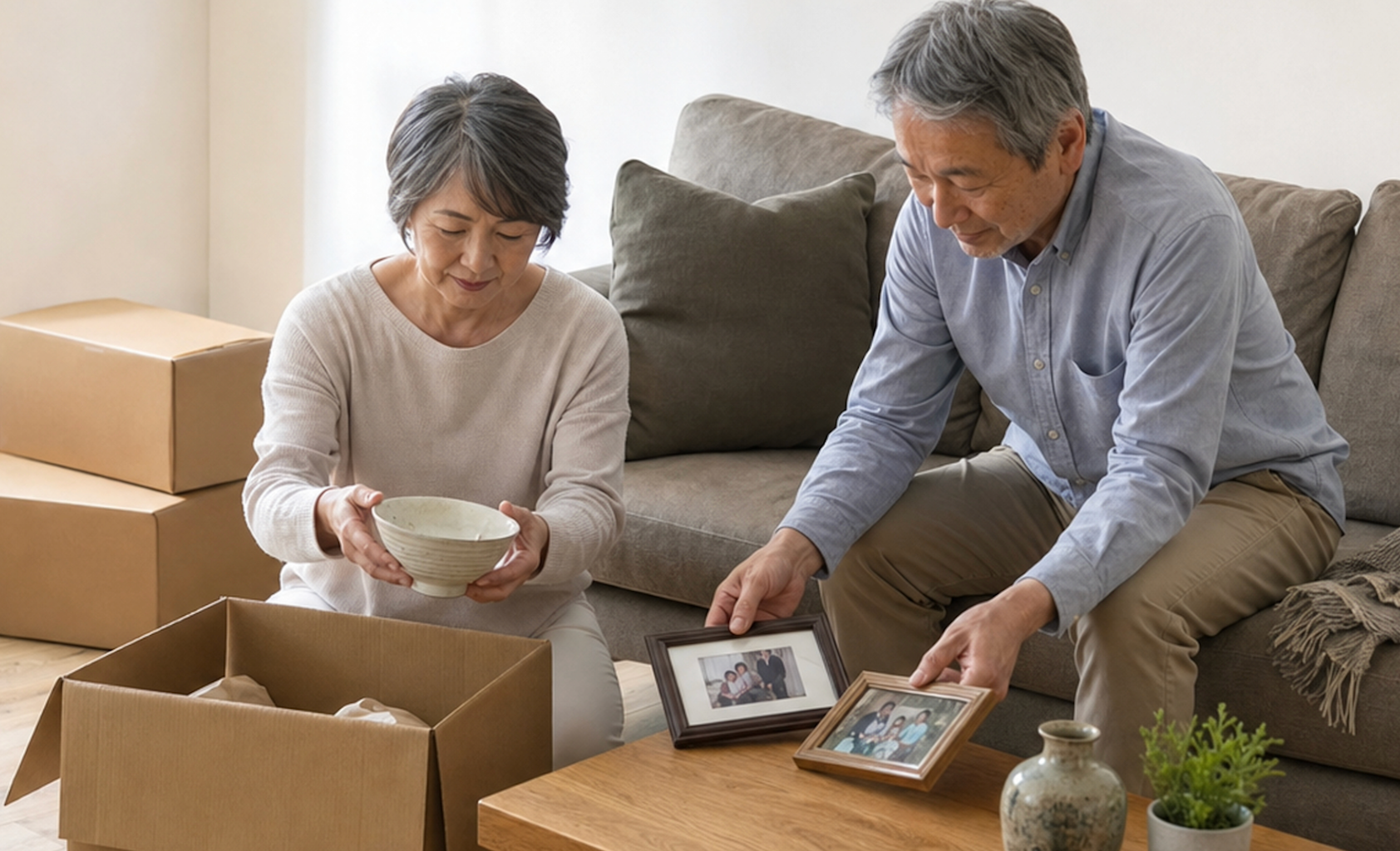Older couple sorting family photos and belongings while downsizing for a move