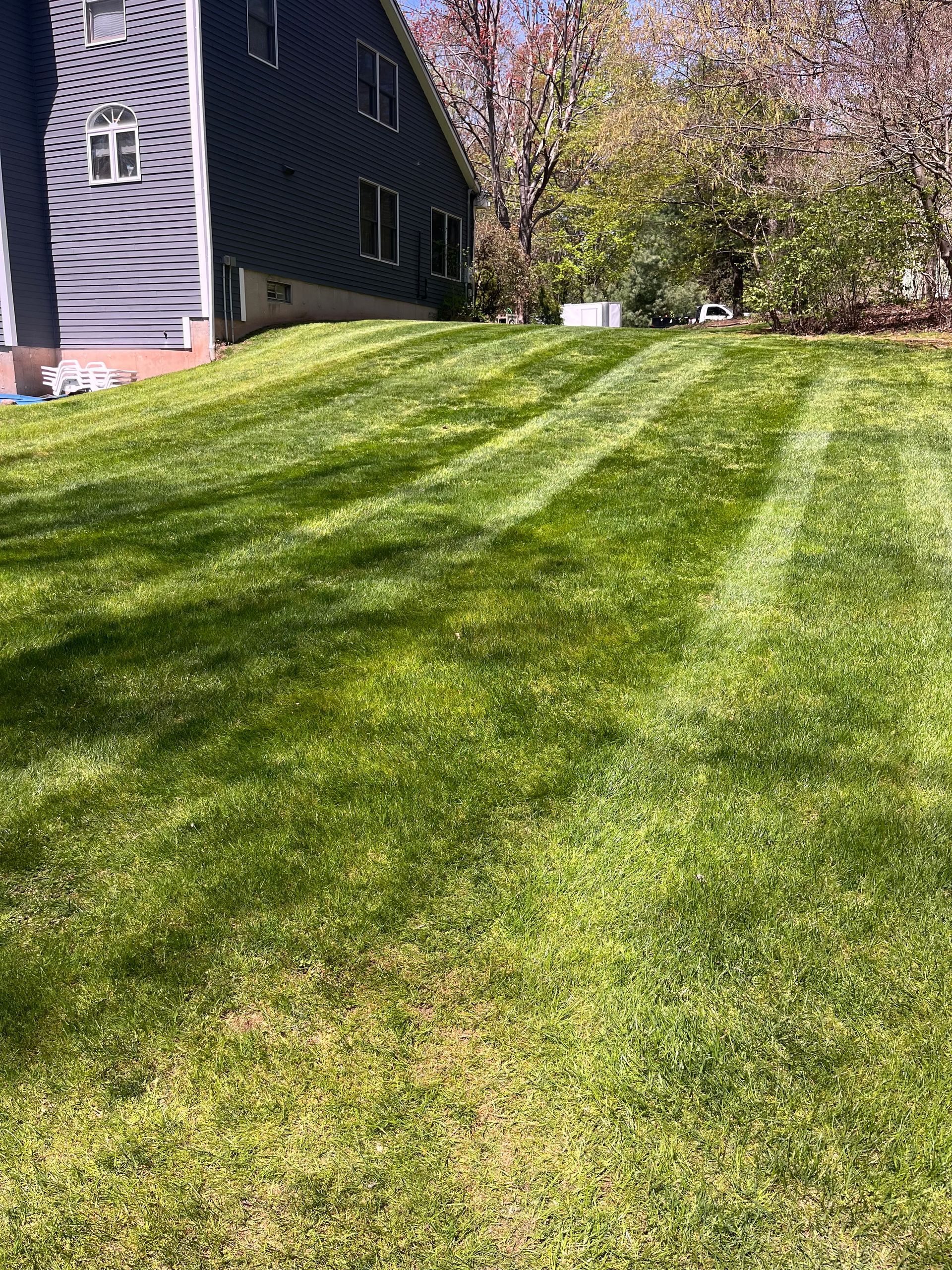 A lush green lawn is being mowed in front of a house.