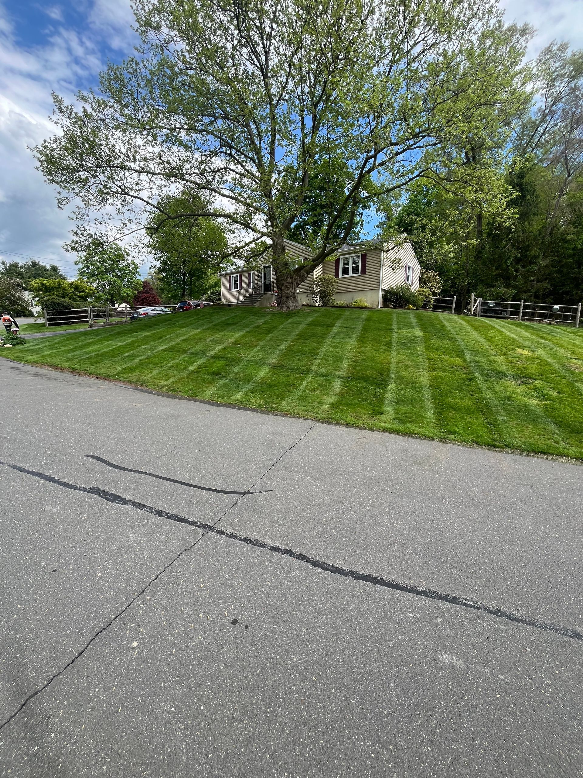A house is sitting on top of a grassy hill next to a road.