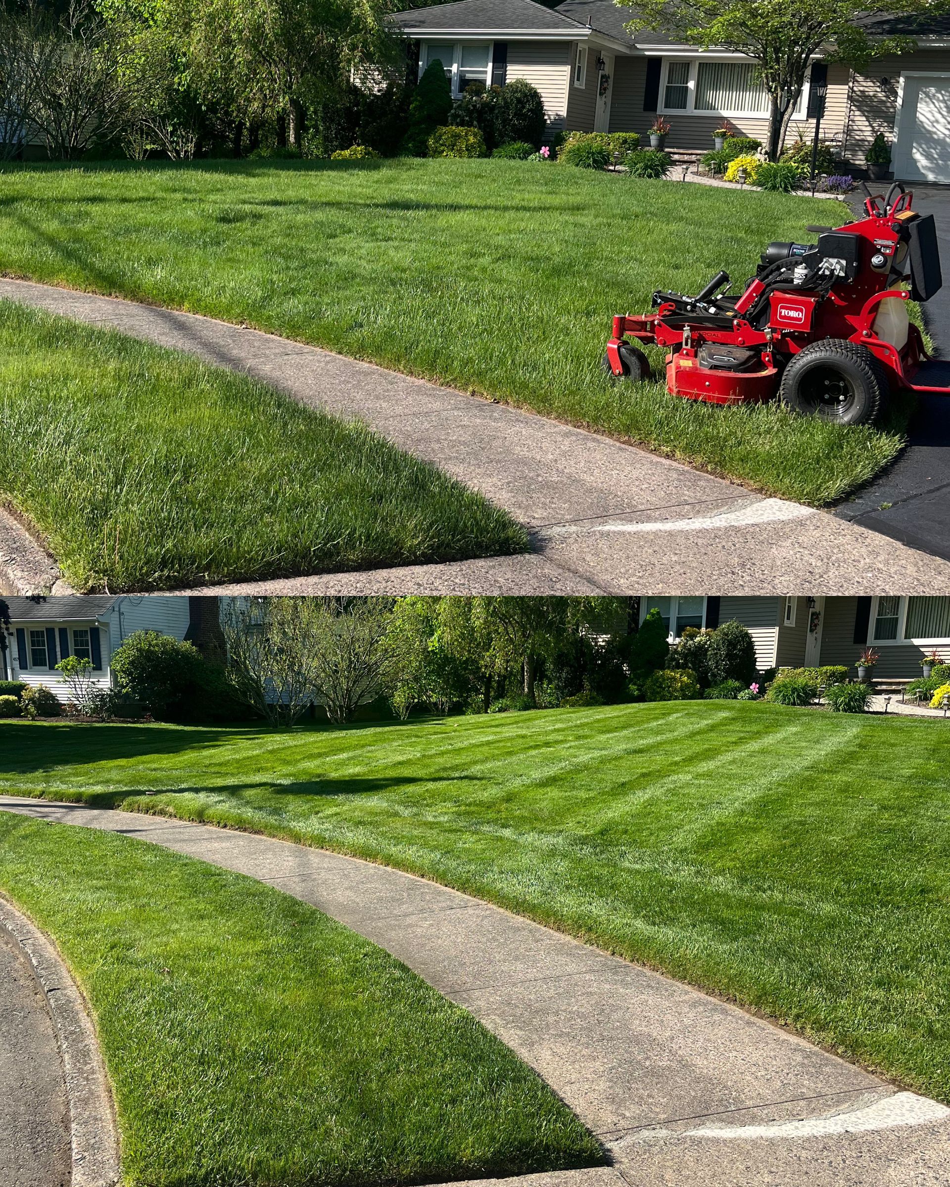 A before and after picture of a lawn mower cutting a lush green lawn.