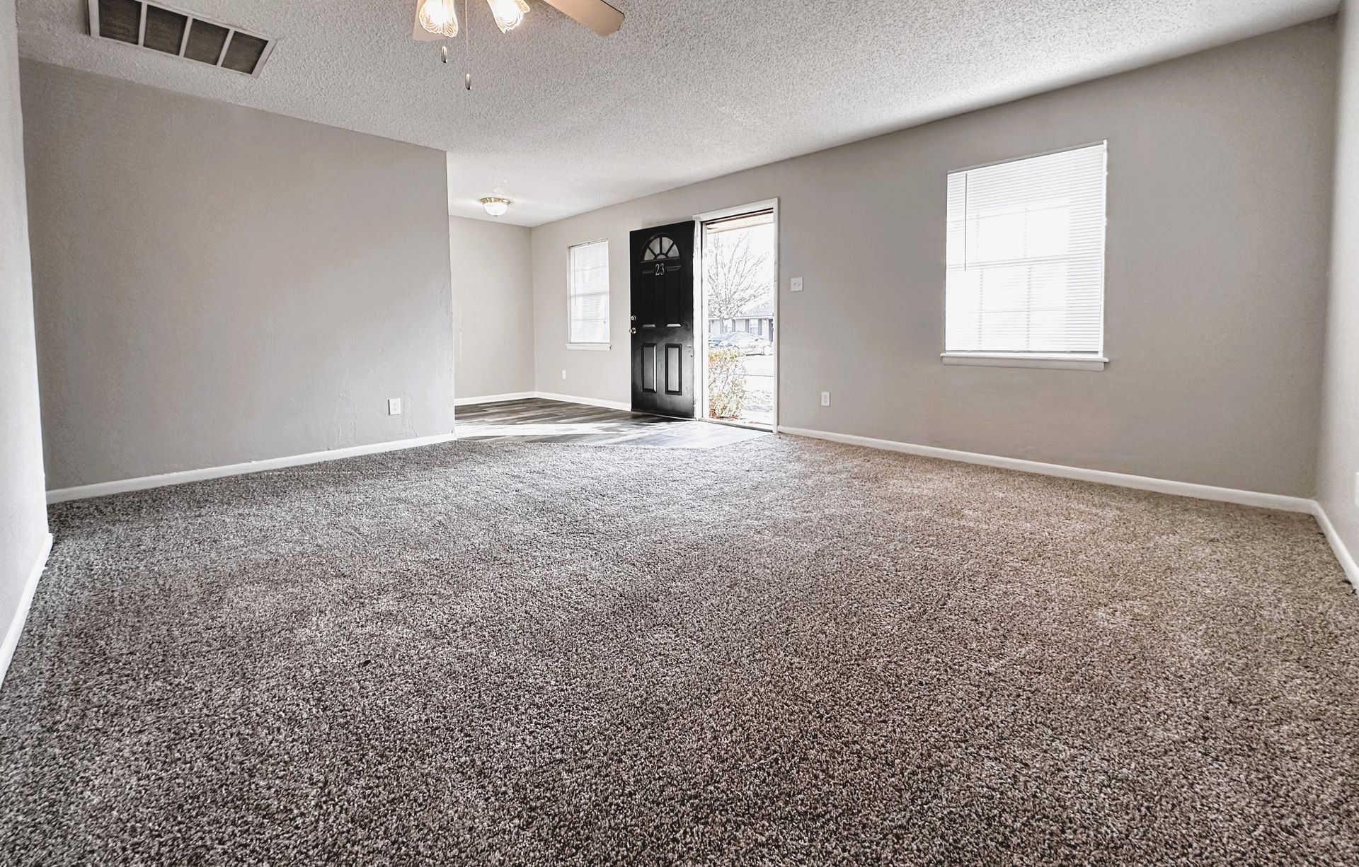 Empty living room with gray walls and carpet, black door, and white-framed windows.