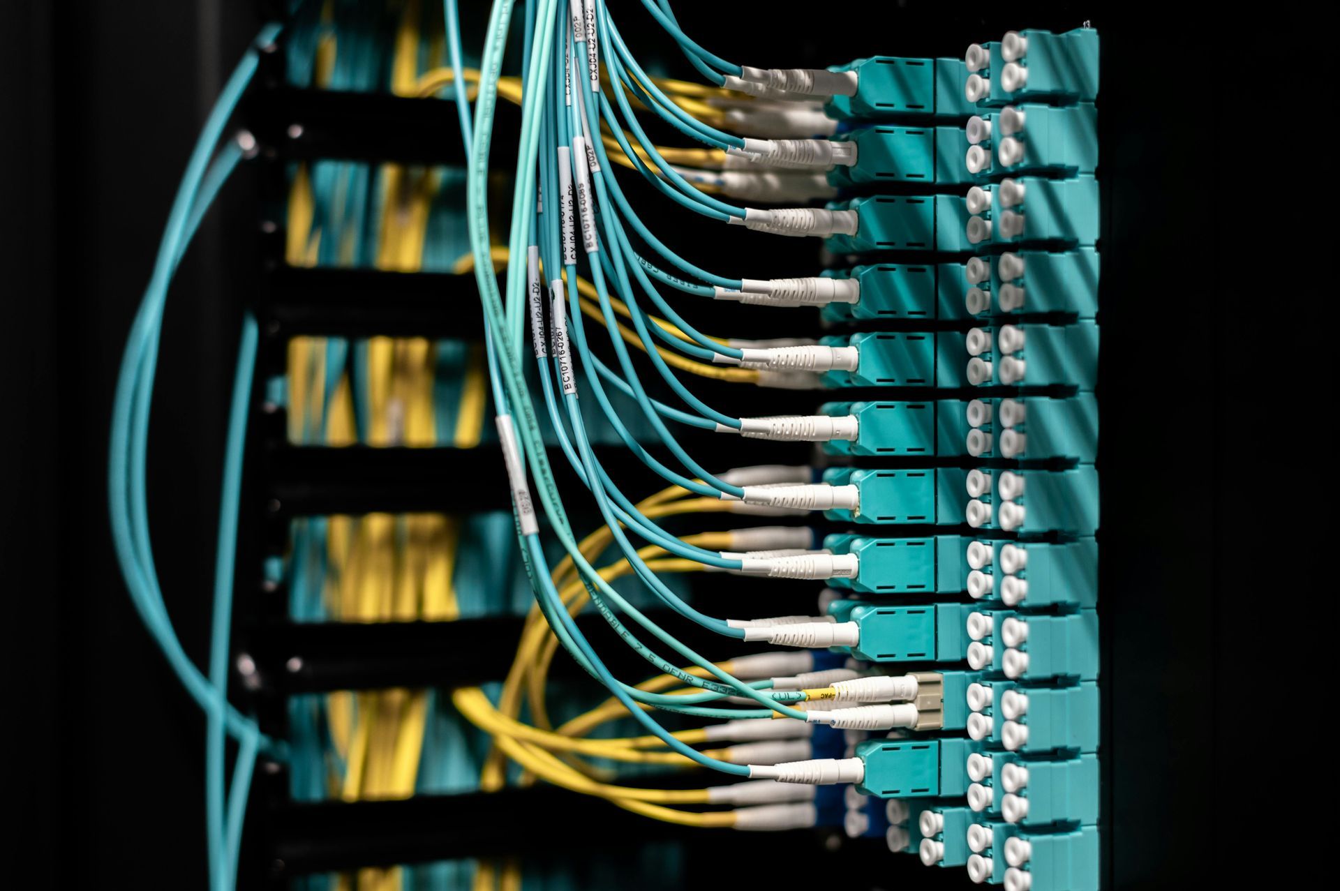 Fiber optic cables connected to a server rack with teal connectors and yellow-blue wires