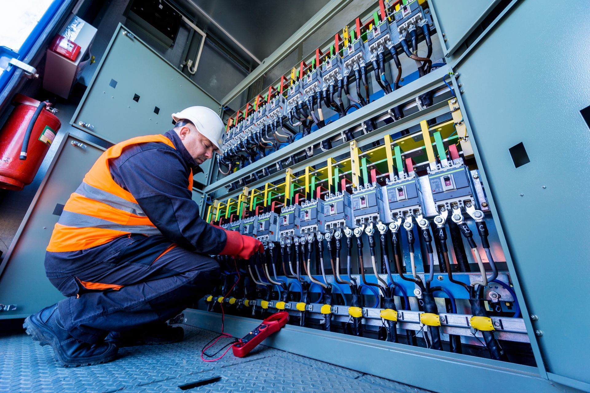 Technician inspecting electrical control panel in a blue industrial room, wearing orange safety gear