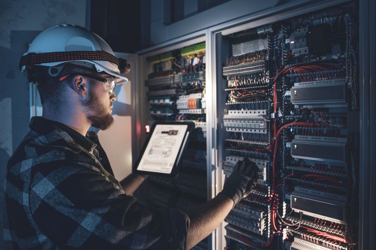 Technician in hard hat inspecting server racks with a tablet in a data center
