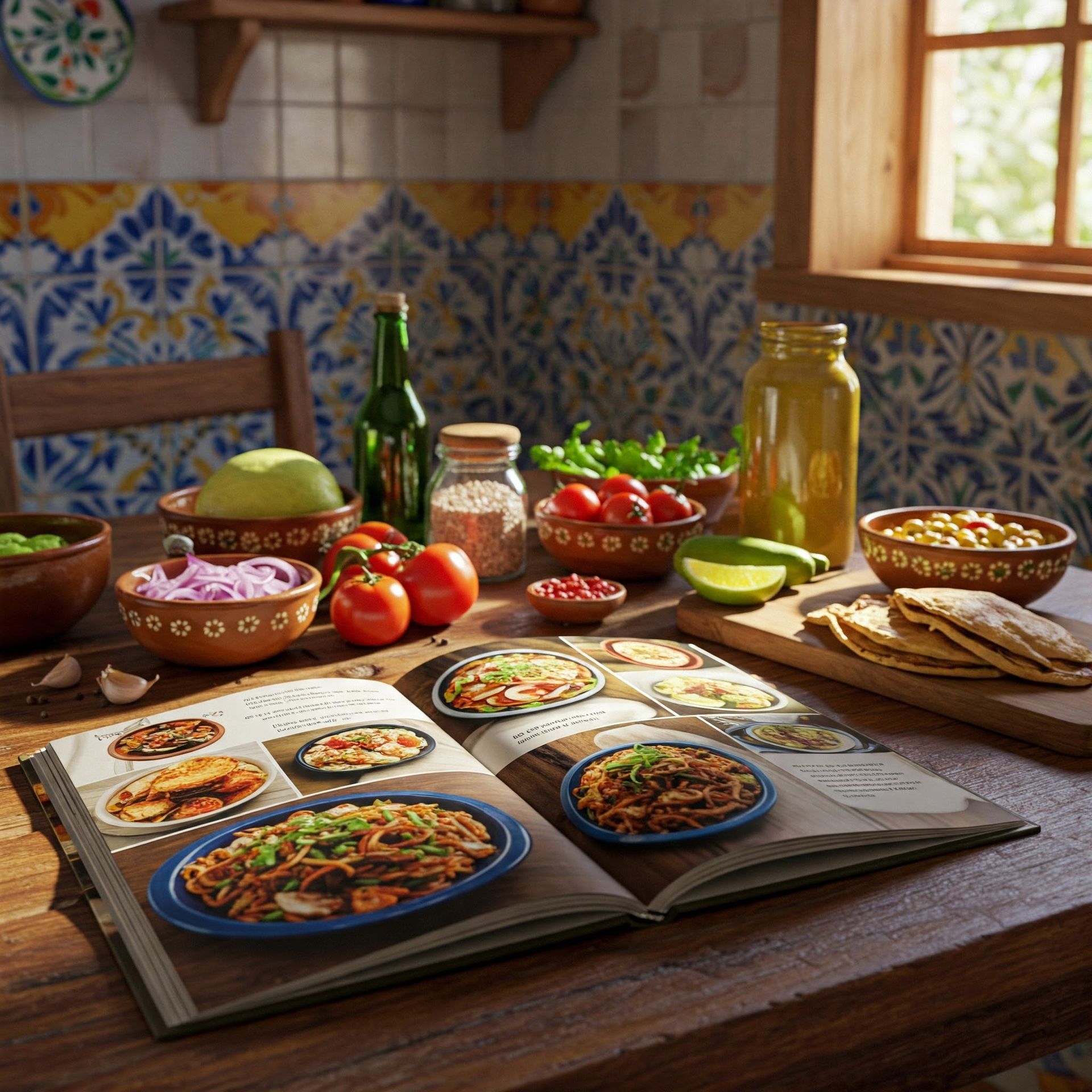 Open cookbook on a wooden table, surrounded by ingredients: tomatoes, onions, spices. Kitchen setting.