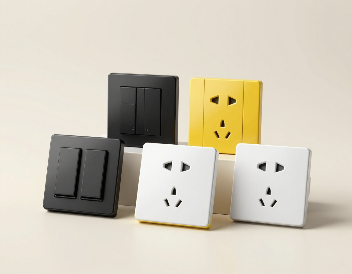 Surtido de enchufes eléctricos cuadrados de pared en negro, amarillo y blanco sobre un fondo claro.