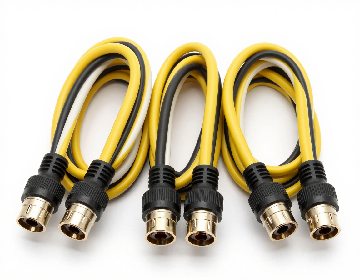 Tres cables de audio amarillos y negros con conectores metálicos sobre un fondo blanco.