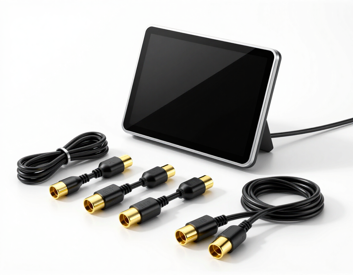 Pantalla negra con cuatro adaptadores de cable RCA dorados y cables en espiral sobre un fondo blanco.
