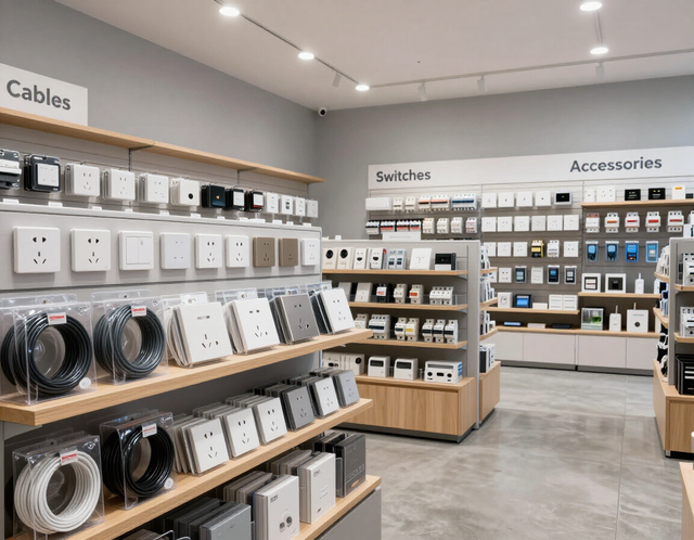 Pasillo luminoso con estantes llenos de cables, interruptores y accesorios en una moderna tienda de electrónica.