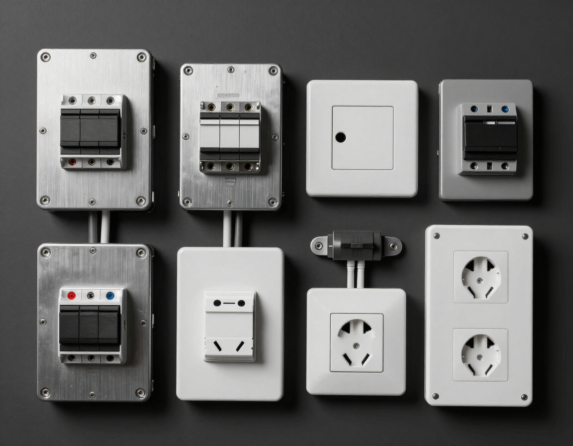 Varios interruptores de luz y enchufes eléctricos dispuestos en una cuadrícula sobre un fondo oscuro.