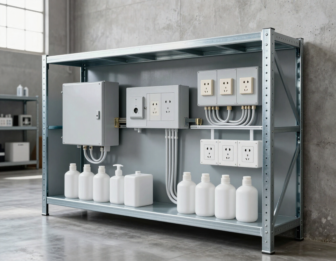 Estantería industrial gris con paneles eléctricos, enchufes, cables y botellas blancas en una habitación de hormigón.
