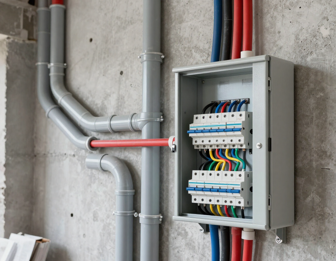 Panel de interruptores eléctricos abierto con cables de colores en una pared de hormigón sin terminar.