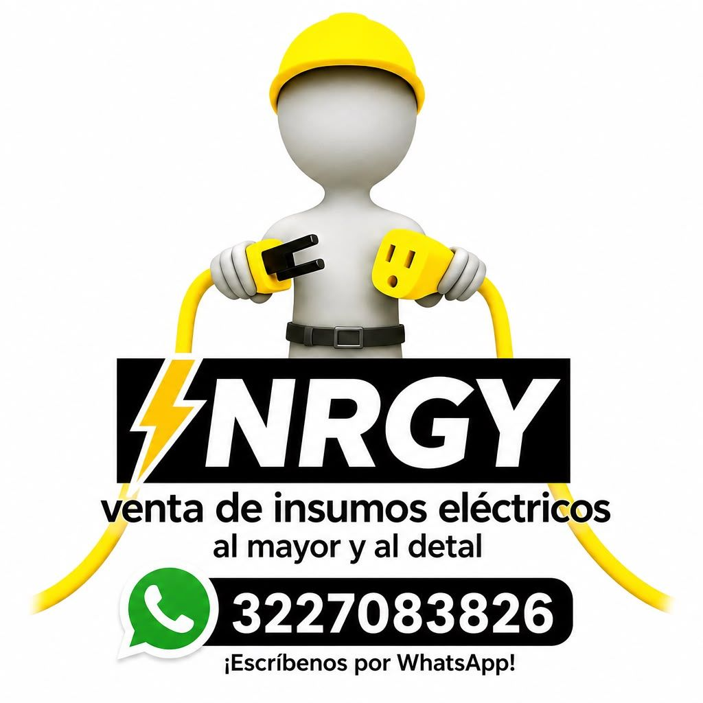 Logo de NRGY para venta de insumos eléctricos, con figura de obrero y teléfono de WhatsApp 3227083826