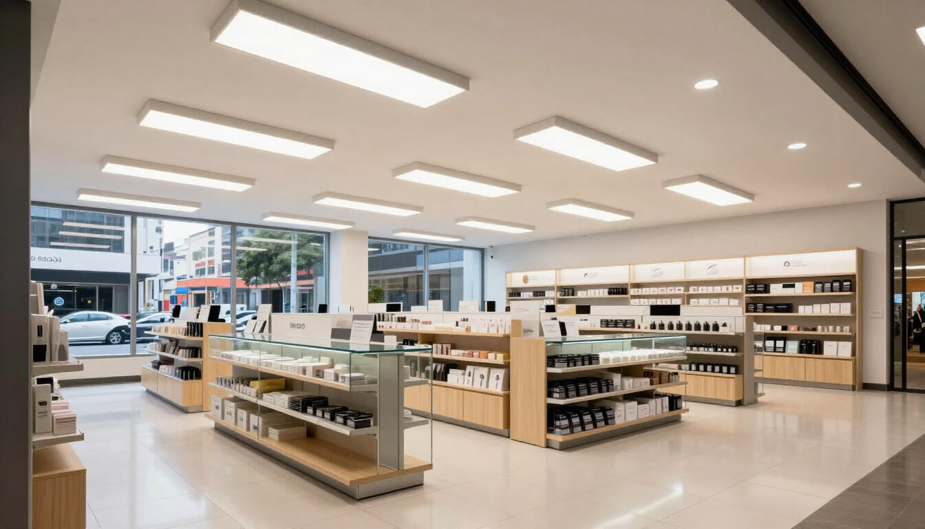 Interior luminoso y moderno de la tienda, con estanterías de madera y grandes escaparates.