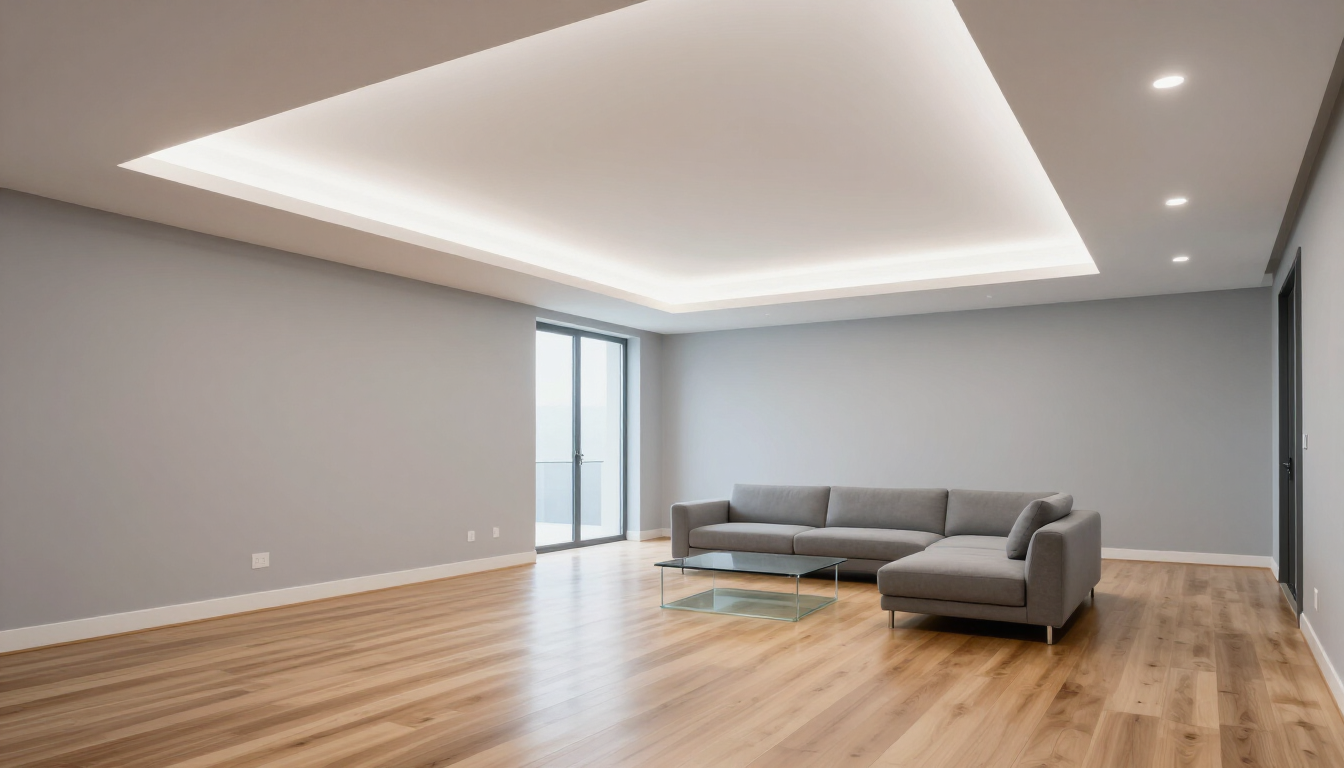 Amplio salón moderno con sofá modular gris, suelos de madera e iluminación empotrada en el techo.