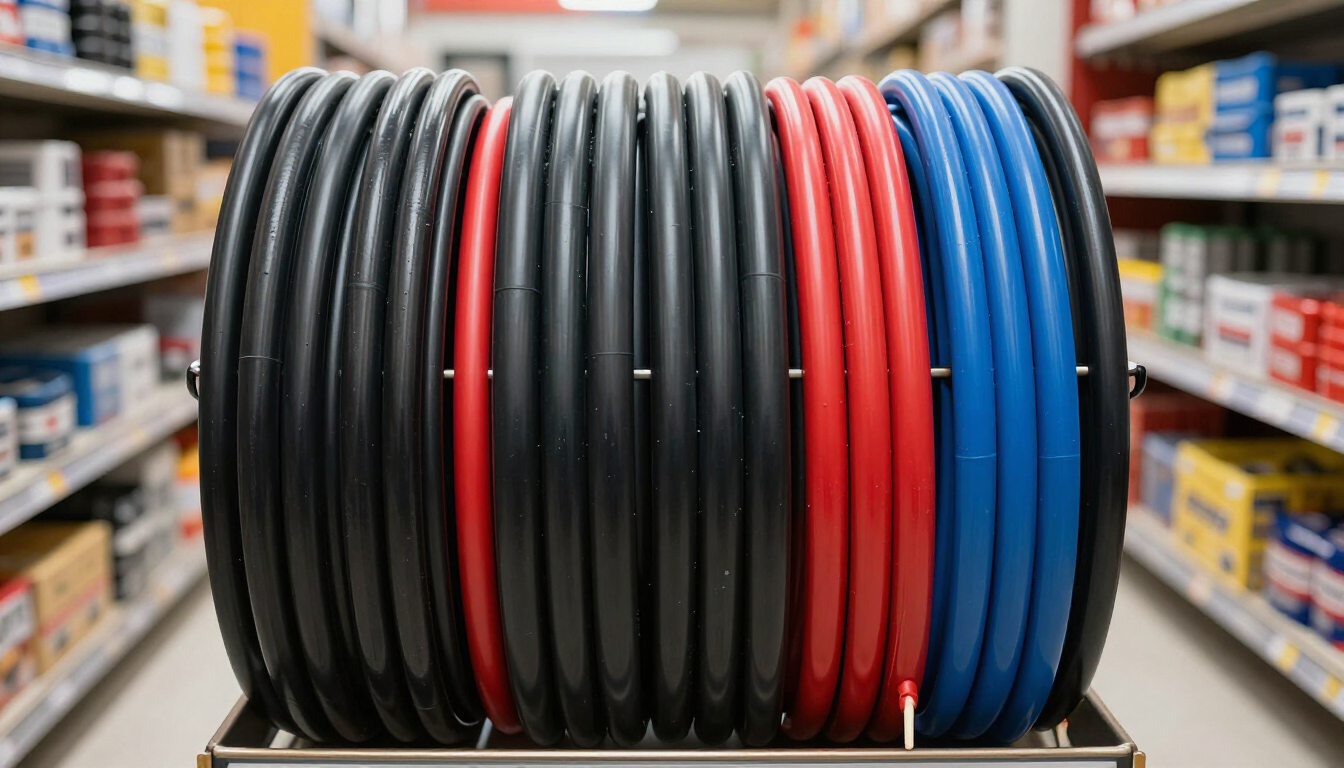 Bobinas de cable negro, rojo y azul expuestas en un pasillo de estanterías de una tienda.