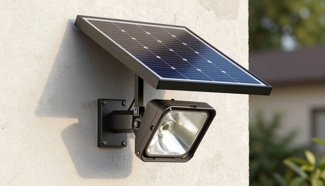 Lámpara de seguridad solar de pared con panel solar negro y cabezal ajustable.