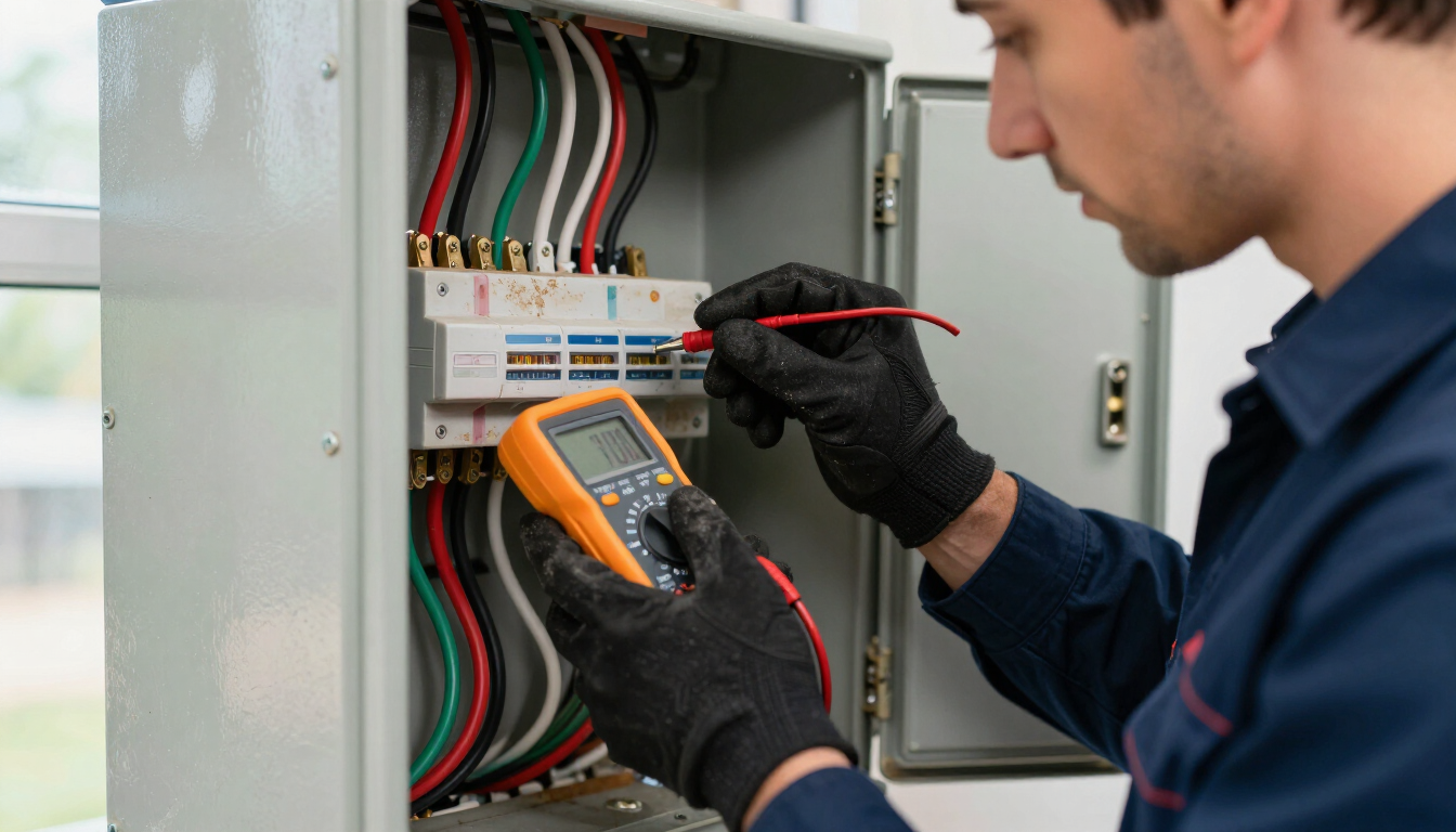 Técnico probando el cableado del panel eléctrico con un multímetro y un destornillador en un armario abierto.