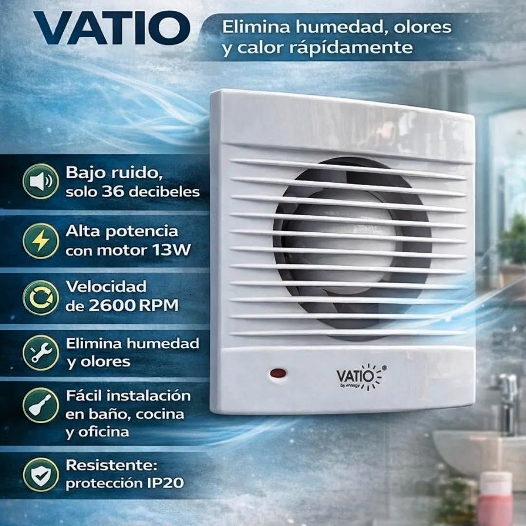 Ventilador/extractor VATIO blanco con rejilla, sobre fondo azul, con texto de funciones y bajo ruido.
