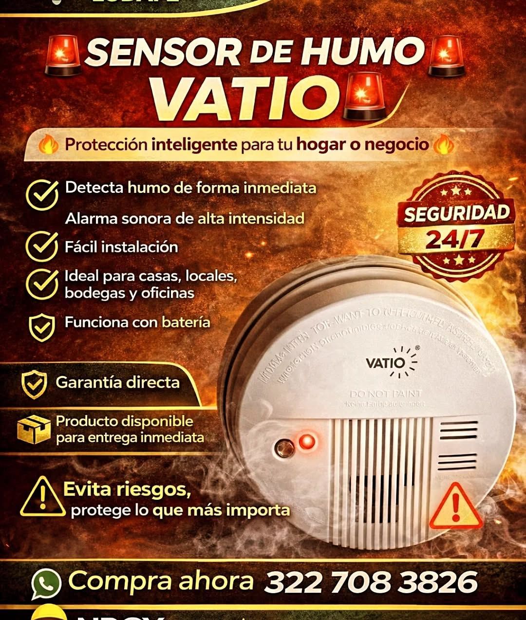 Publicidad de sensor de humo Vatio, fondo naranja, con lista de funciones y contacto de compra