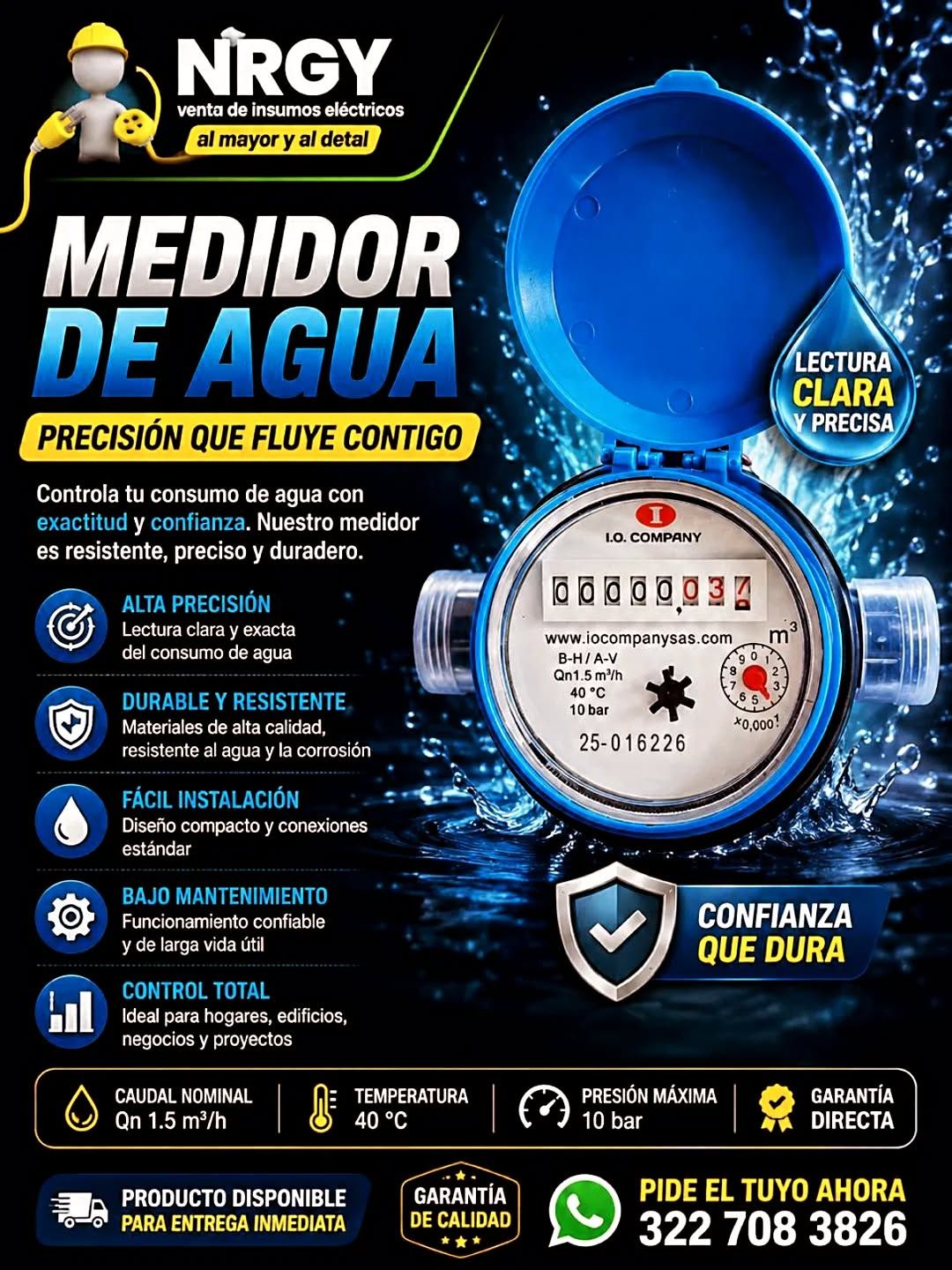 Publicidad de medidor de agua NRGY azul y negro con contador digital y texto promocional en español