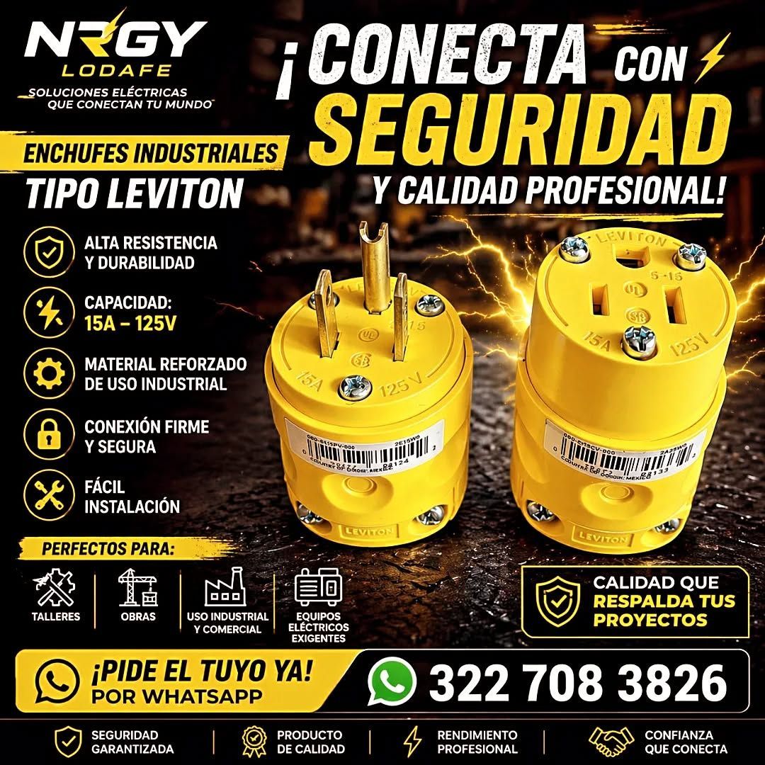 Publicidad de conectores industriales amarillos NGY con texto “Conecta con seguridad” y WhatsApp 322 708 3826