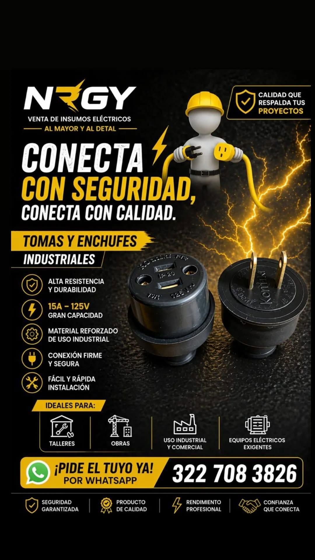 Folleto promocional de NGY Security, en negro y dorado, que muestra un candado, un rayo e información de contacto.
