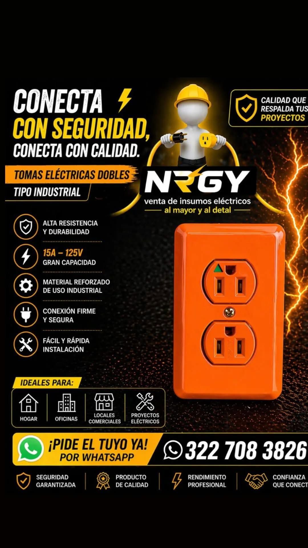 Anuncio promocional del cargador de pared naranja NRGY con gráficos de rayos y número de teléfono de contacto.
