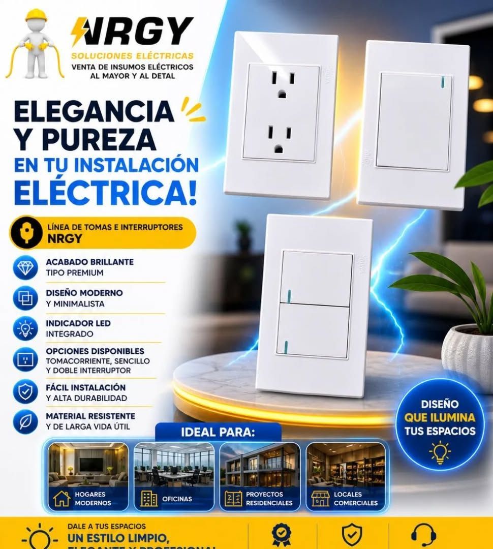 Anuncio de interruptores y enchufes blancos URGY con lema “elegancia y pureza” sobre fondo azul.