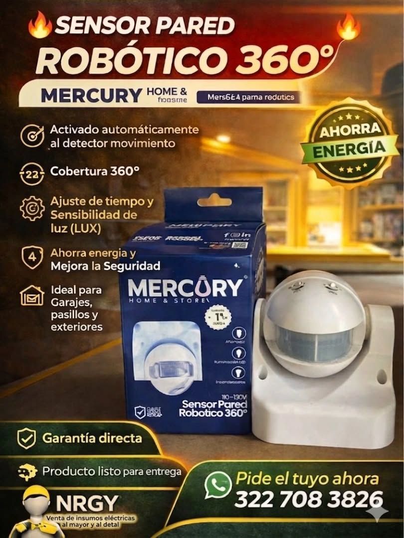 Anuncio de sensor pared robótico 360° Mercury, con caja y sensor blanco, fondo dorado y texto promocional.