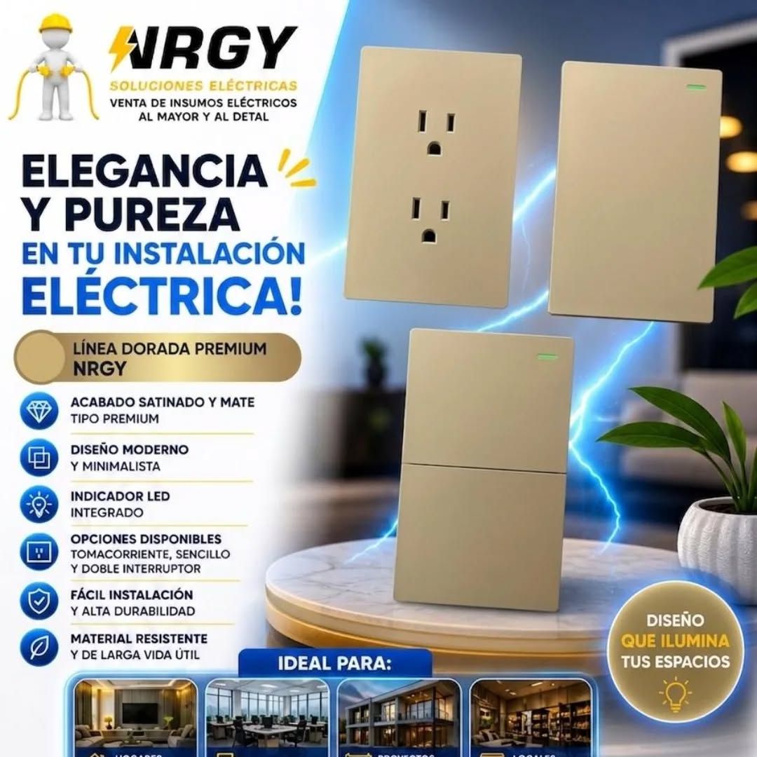Publicidad de interruptores eléctricos beige ARGY con texto “Elegancia y pureza” y fondo azul eléctrico