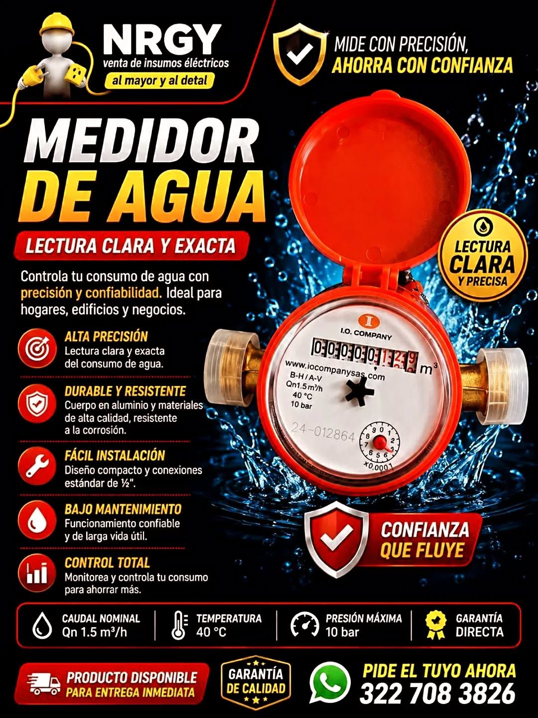 Cartel publicitario de medidor de agua NRGY rojo con texto “lectura clara y exacta”.