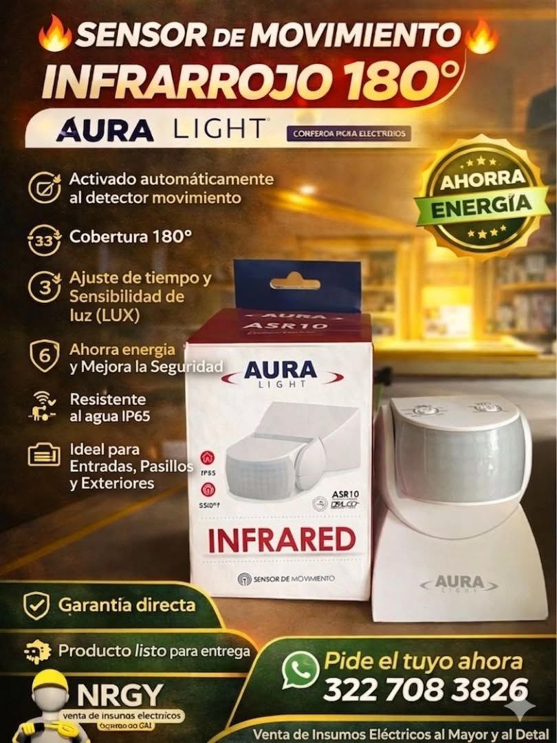 Folleto promocional de la luz infrarroja con sensor de movimiento de 180° AURA