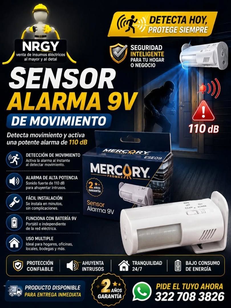 Publicidad de sensor de alarma 9V en fondo azul, con detector blanco y texto promocional en español