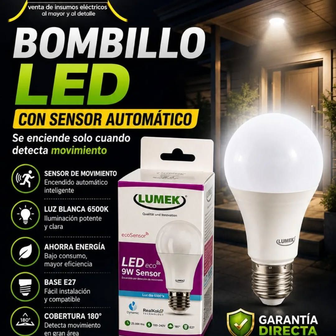 Bombillo LED con sensor automático, fondo negro y empaque Lumek, en colores blanco y verde.