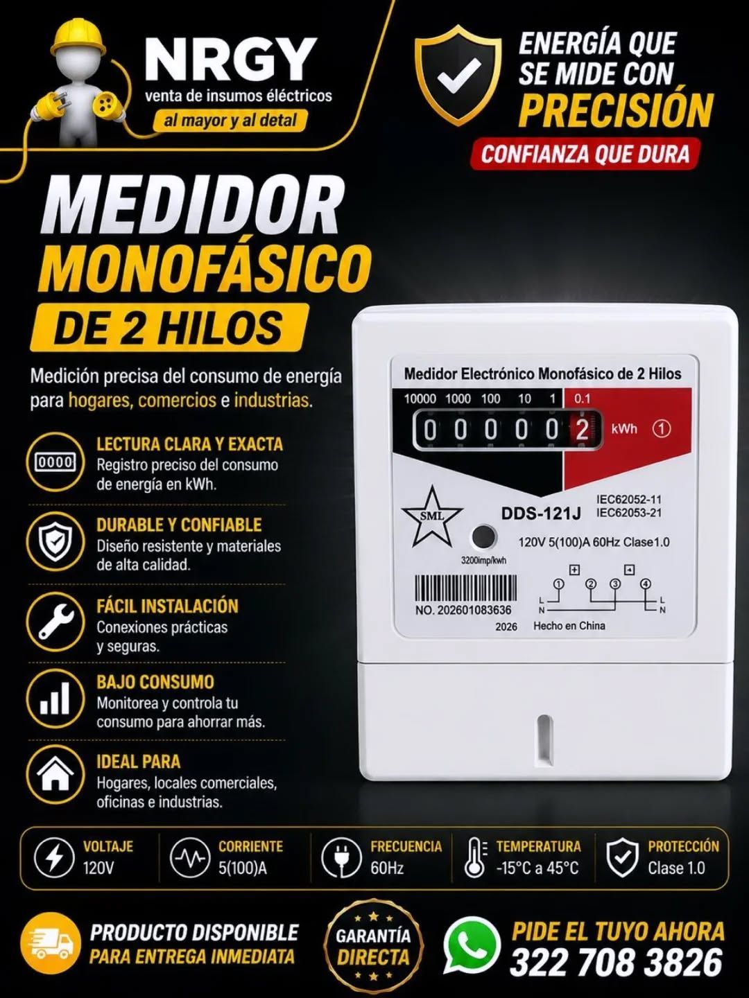Póster promocional del contador monocromo de 2 líneas NRGY, en negro y dorado, con foto del producto y texto en español.