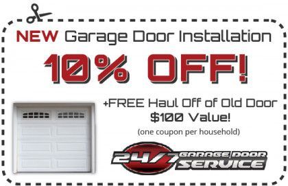 Garage door installation ad with 10% off, free garage door offer, and a white garage door image