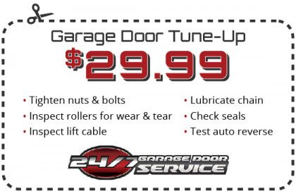 Garage door tune-up ad for $29.99 with service checklist and company logo