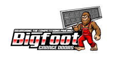 Bigfoot Garage Doors logo with a cartoon Bigfoot carrying a gray garage door.